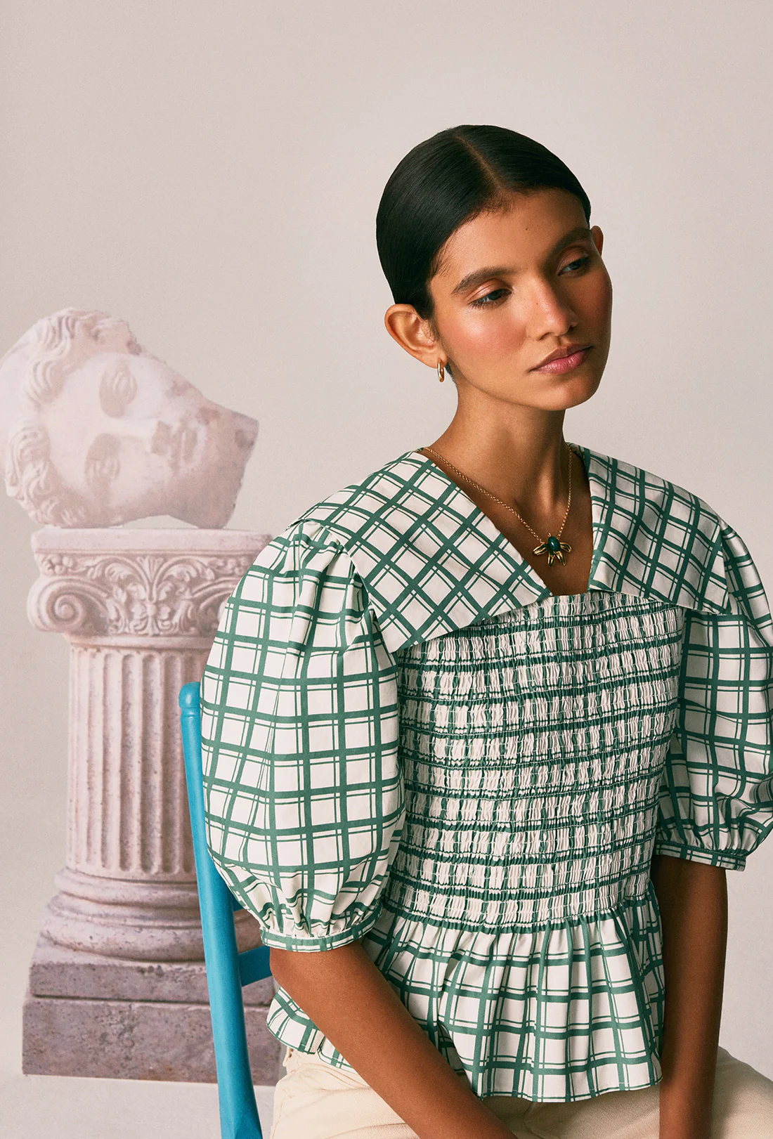 Rowan Blouse - Leaf Green Check - Zimenao